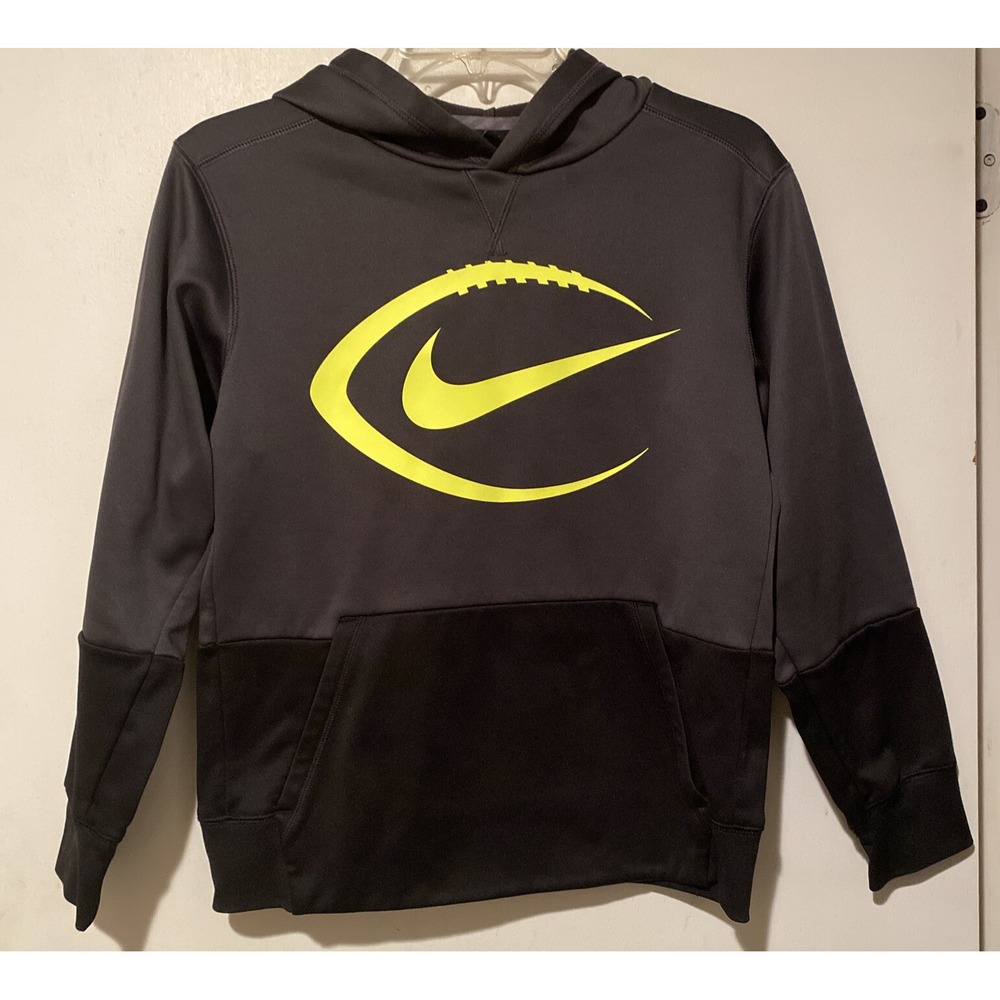 Nike Dri-Fit  Hoodie Football Gray Black Yellow Swoosh Sports Sweatshirt Boys L